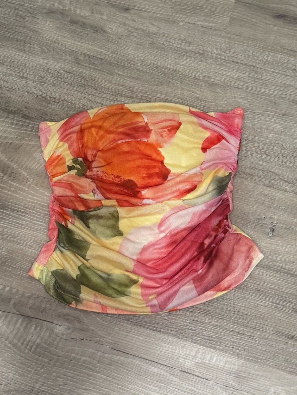 SHEIN Yellow Floral Strapless Ruched Bustier Top with Pink Accents
